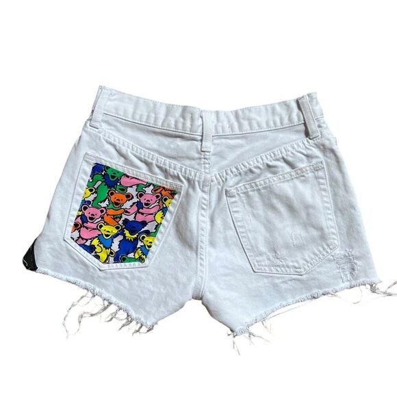 Upcycled High Rise Jean Shorts Reworked Grunge Concert Grateful Dead Bears S 25 - Picture 14 of 15